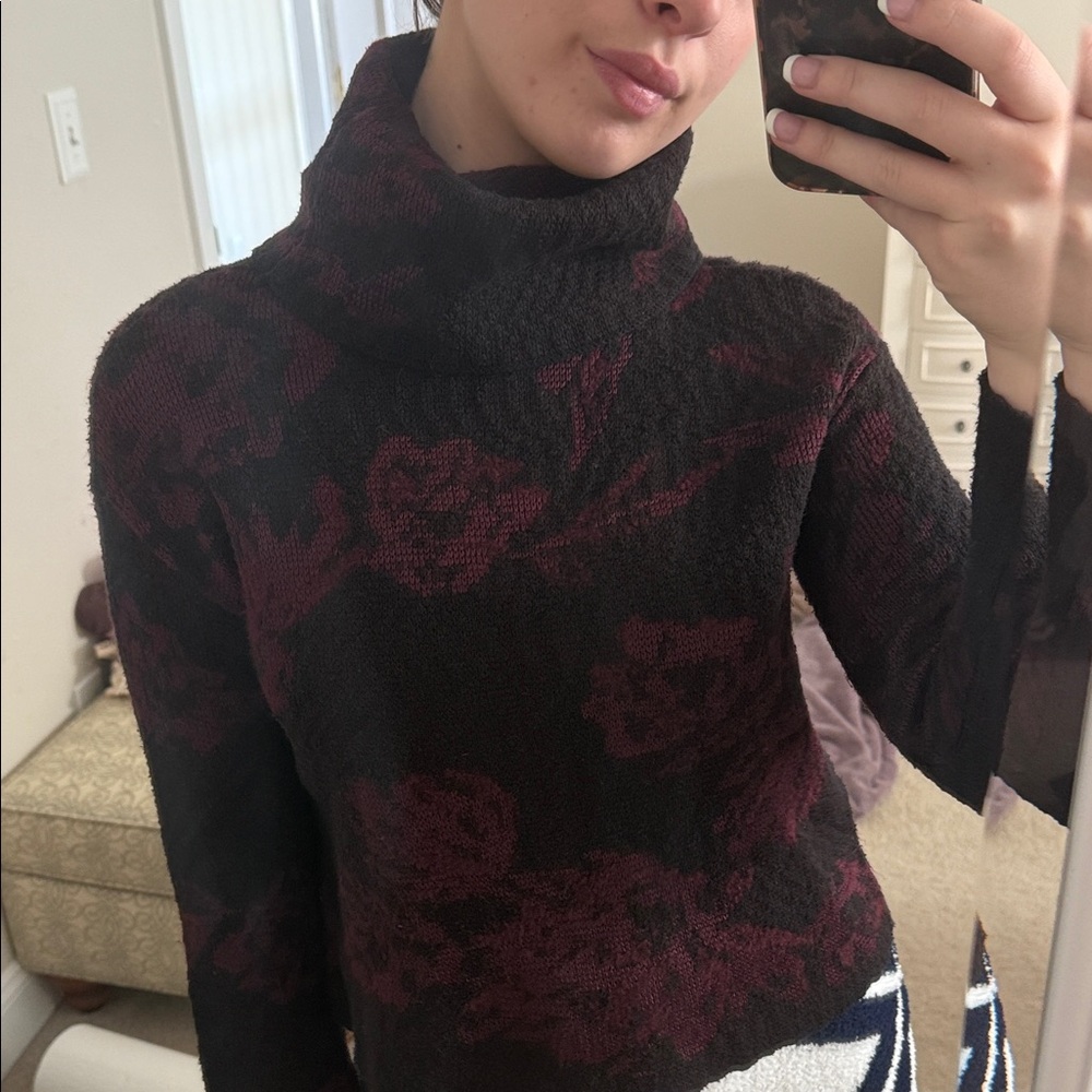 White House Black Market Burgundy Floral Turtleneck Sweater